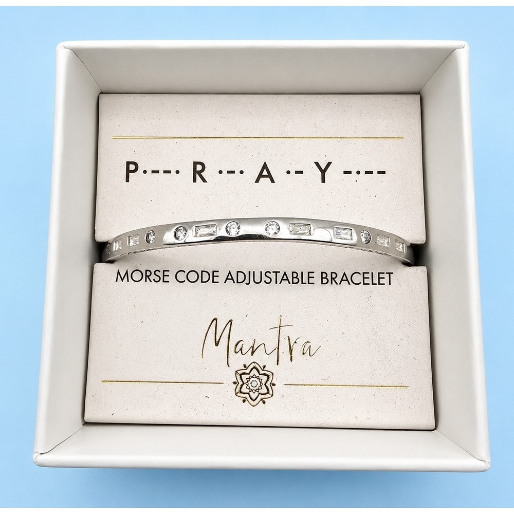Laura Janelle PRAY Morse Code Adjustable Crystal Bracelet Silver Box -3443